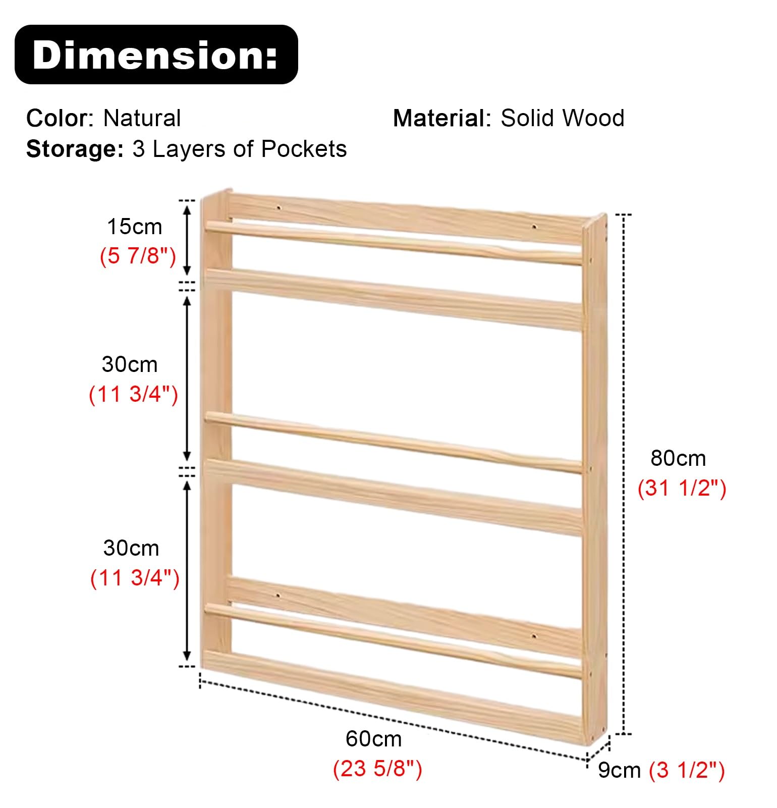 MaiBuL LNNW Wandzeitungsständer aus Holz, hängendes Bücherregal im Wohnzimmer, Aktenständer, Broschürenständer, einfach zu montieren Zeitschriften- und Broschürenständer(W-60cm(23 5/8"))