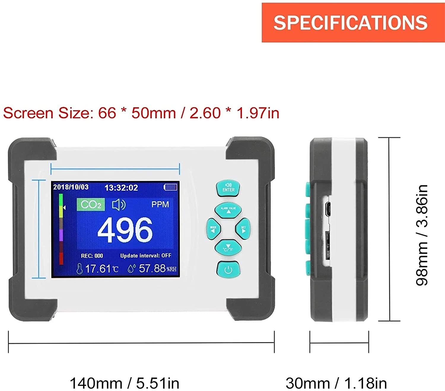 Tester temperatury miernika CO2 □ / □ Przełączalny monitor jakości powietrza z futerałem do przechowywania samochodu kuchennego (Color : White, Size : One Size)