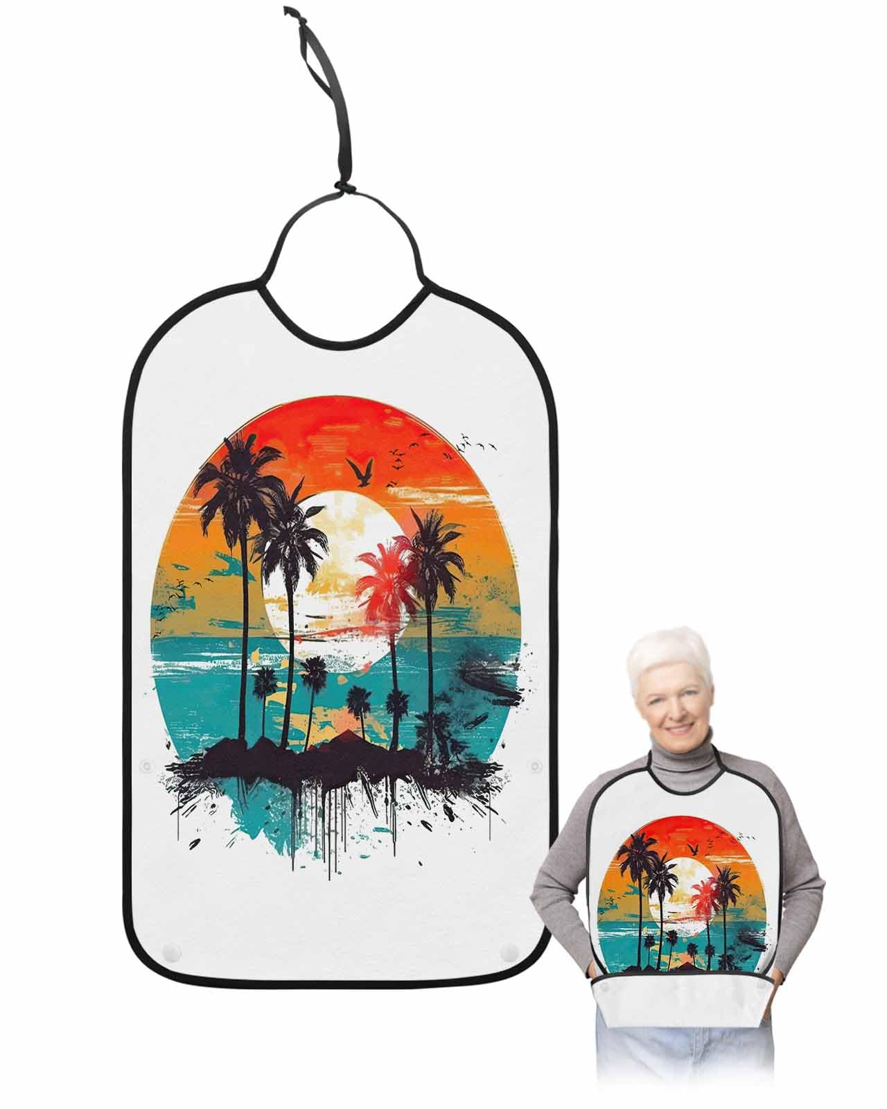 LEOKOTI Summer Island Adult Bibs for Eating, Waterproof Bibs with Food Catcher & Adjustable Snap Closure, Tropical Palm Tree Red Orange Teal Washable Clothing Protectors Adult Bibs for Elderly