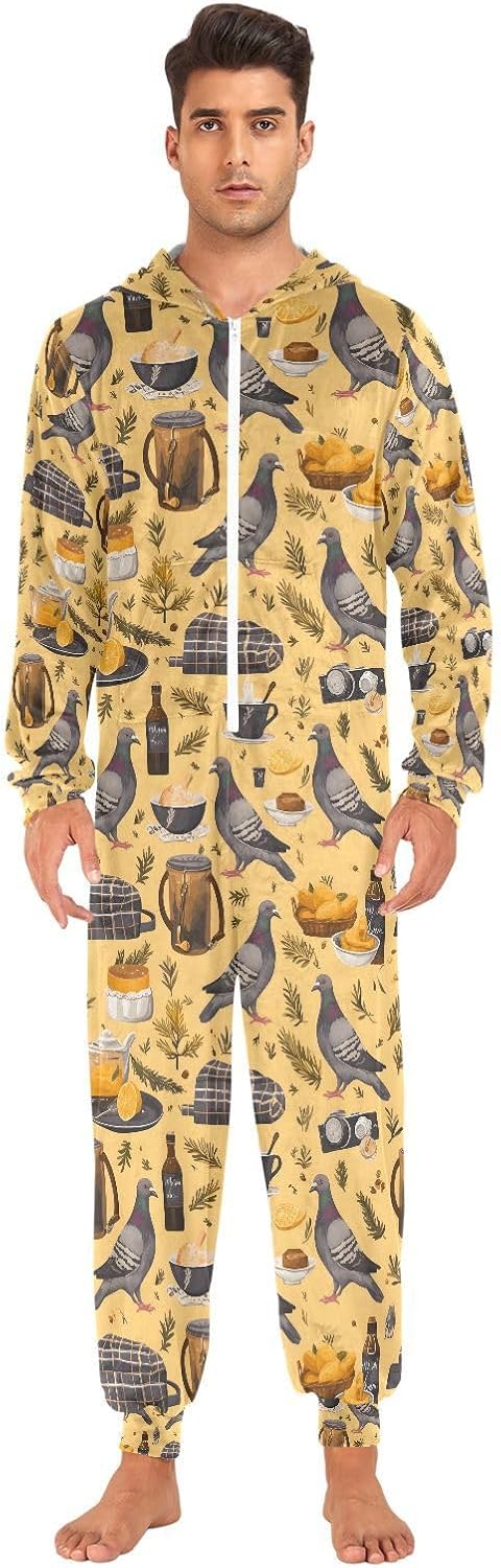 Pigeon Picnic Pattern Adult Onesie Pajamas Novelty One Piece Costume Sleepwear Jumpsuits Matching PJS