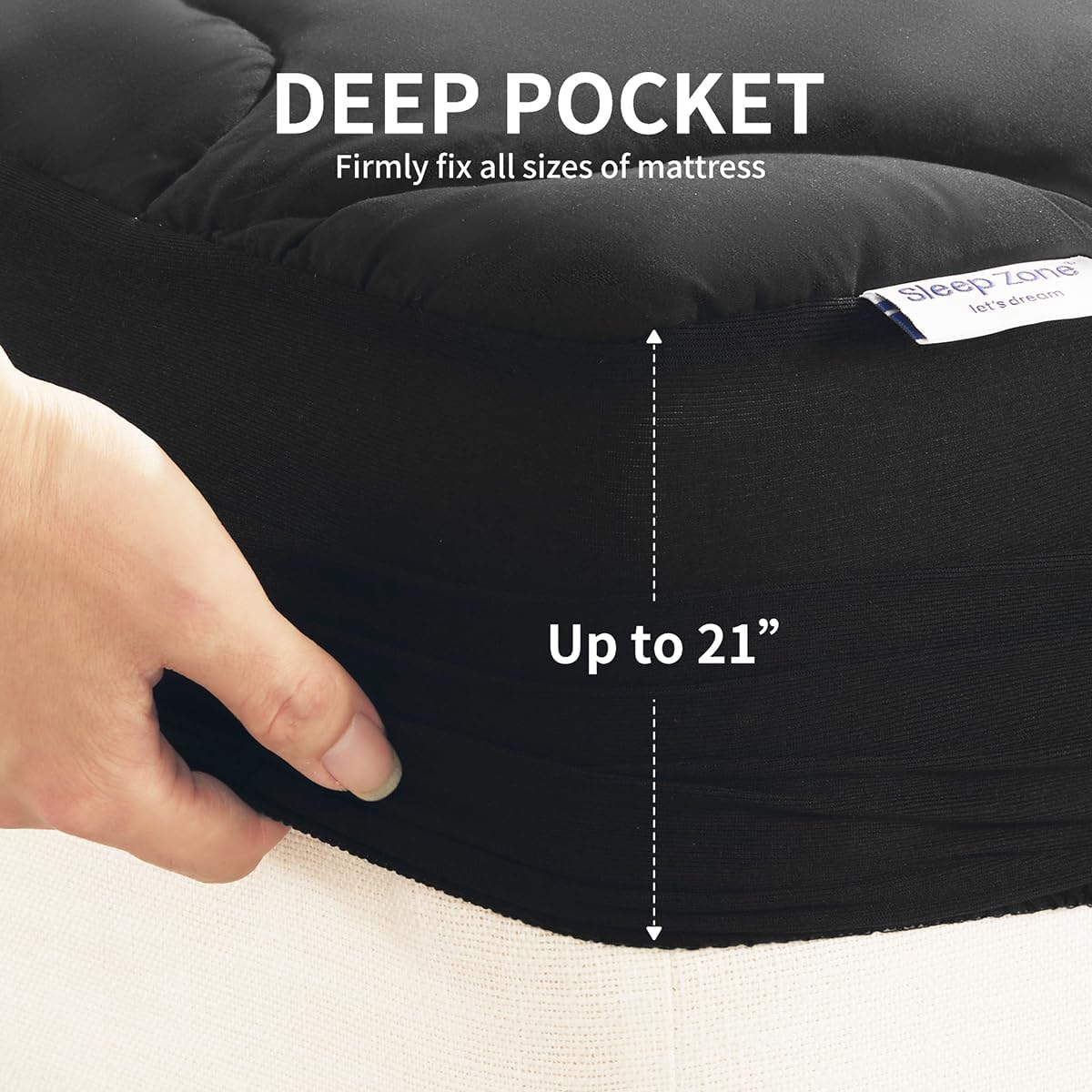SLEEP ZONE Twin Mattress Pad, Cooling Mattress Topper, Quilted Fitted Mattress Cover, Machine Washable Mattress Protector, Soft Fluffy Down Alternative, Deep Pocket 8~21 inch (Black, Twin)