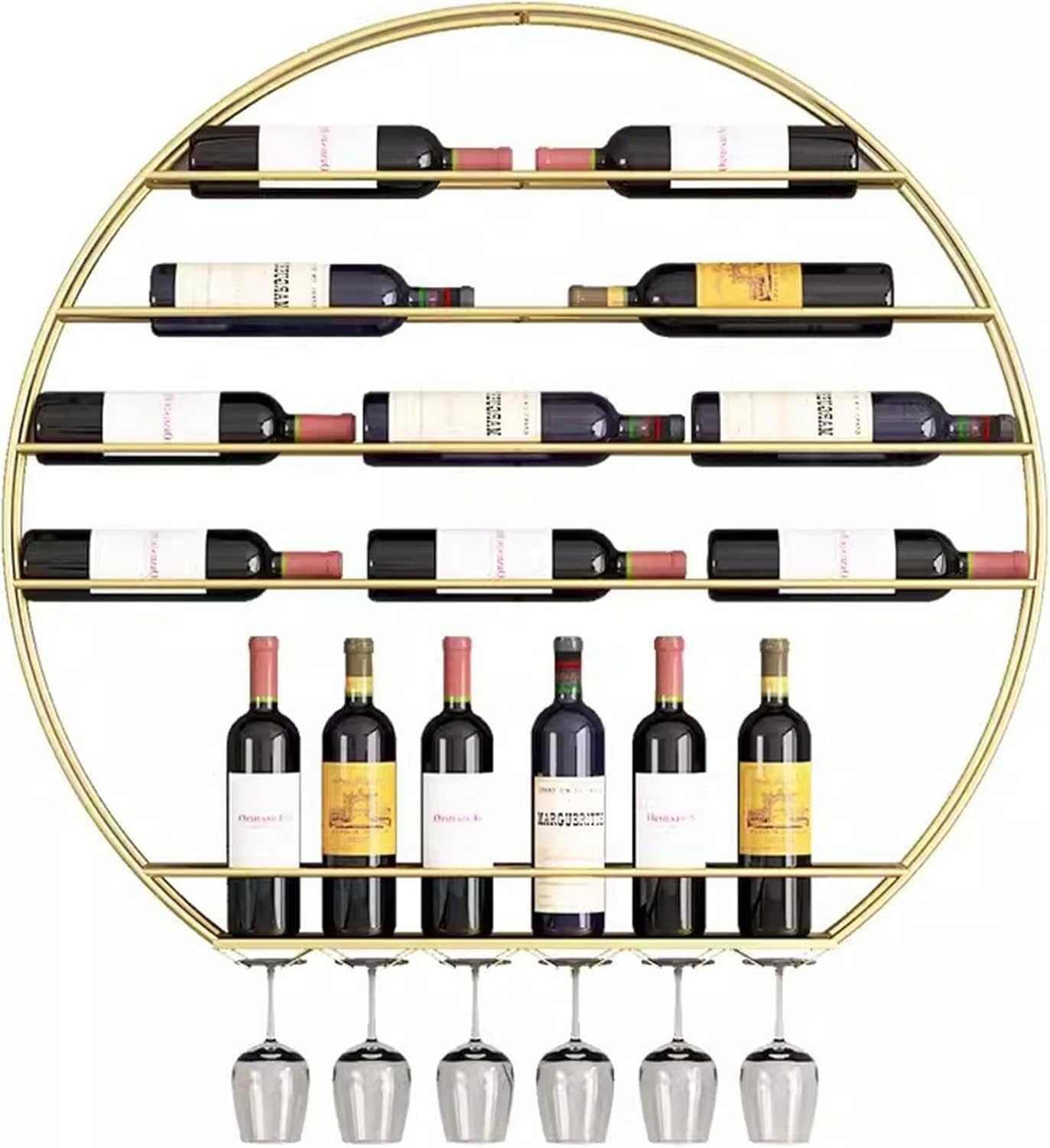 Étagère murale à vin en métal doré avec support de verres pour ranger et décorer
