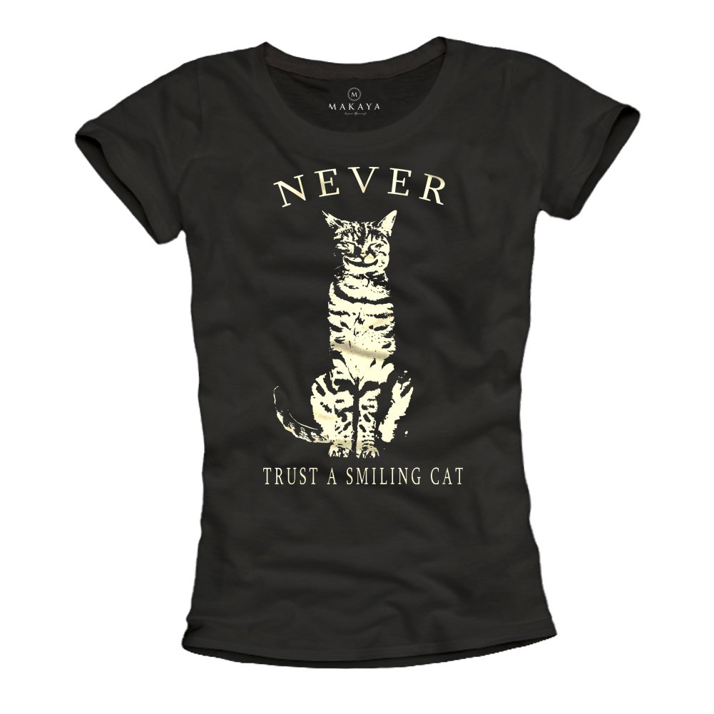 MAKAYA Funny Cat T-Shirt for Women Never Trust a Smiling Cat Black M