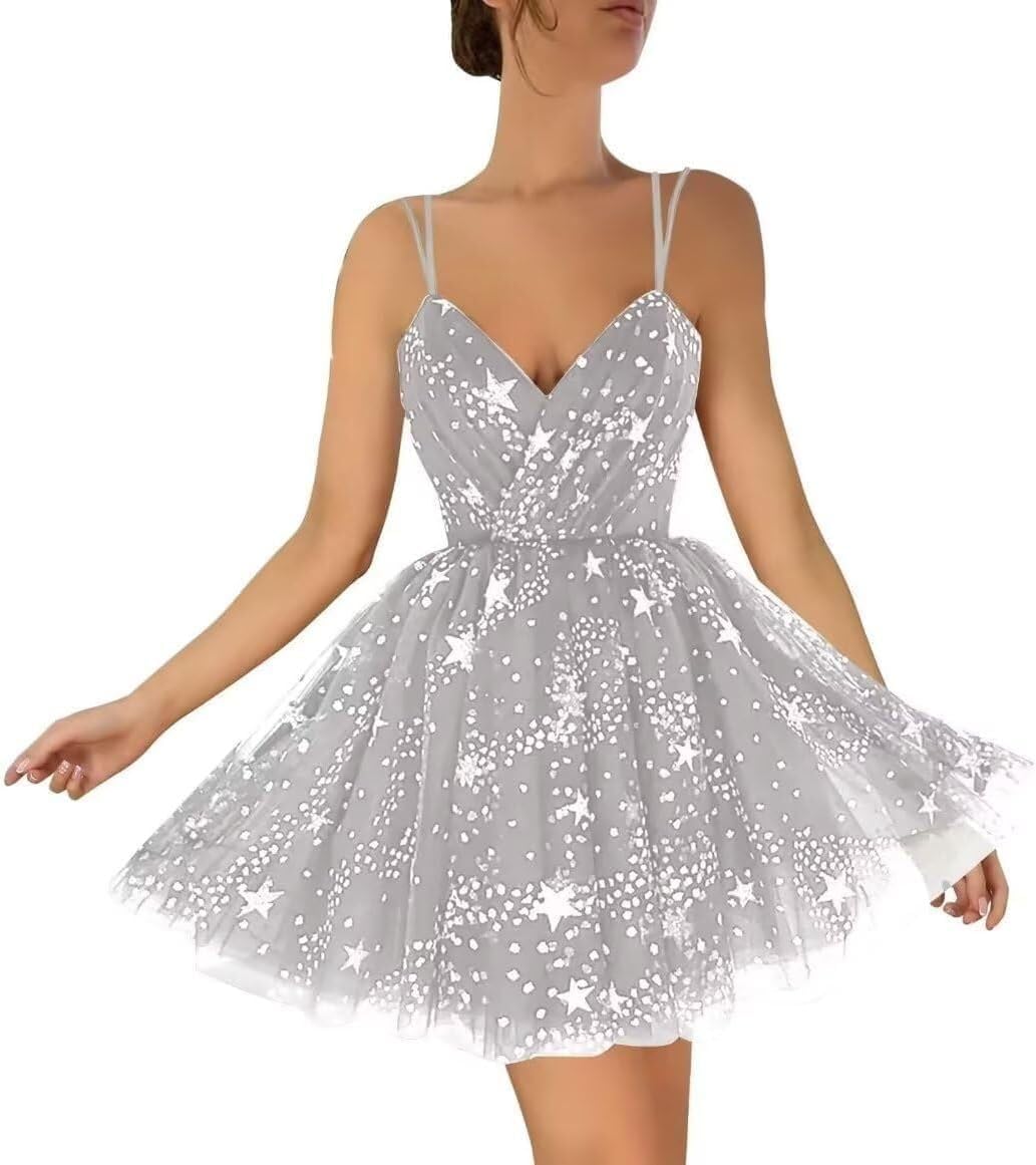 Tulle Short Homecoming Dress for Teens 2026 Sparkly Cocktail Prom Party Gowns for Women Spaghetti Straps
