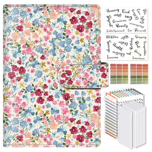 ALKKDPS Budget Binder with Cash Zipper Envelopes, Cute A6 Money Saving Binder, PU Leather Money Organizer, Cash Envelopes and 12 Expense Budget Sheets for Budgeting Tiny Colorful Floral