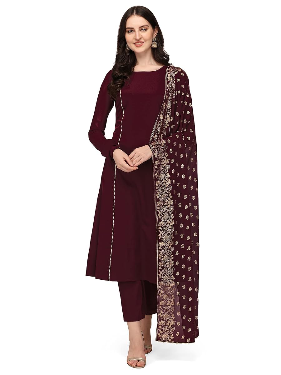 Womens Kurta Set Indian Style Poly Crepe Straight Kurta Pant and Dupatta