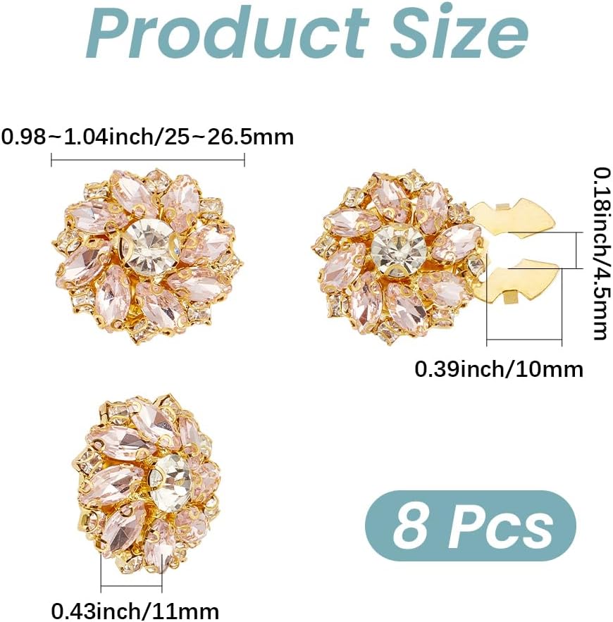 1 Box 8Pcs Pink Brass Floral Rhinestone Button Covers Cufflinks Set Sparkle Jewelry Flower Snap On Glass Crystal Buttons Cover Kit Clip for Sewing Making Clothing Accessories DIY Supply image 2