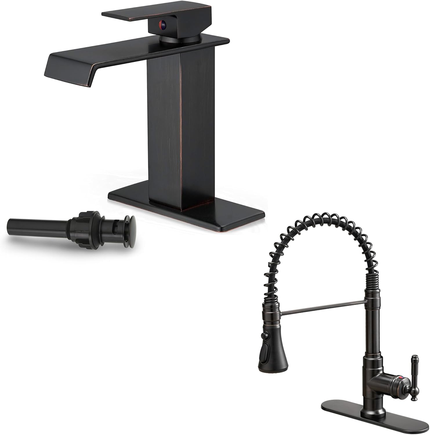 Oil Rubbed Bronze Waterfall Faucet, Single Handle Bathroom Sink Faucet Kitchen Faucet 1 Hole or 3 Hole, 3-Function Pull-Down Sprayer Kitchen Faucets with Deck Plate & Pop-Up Drain for Farmhouse