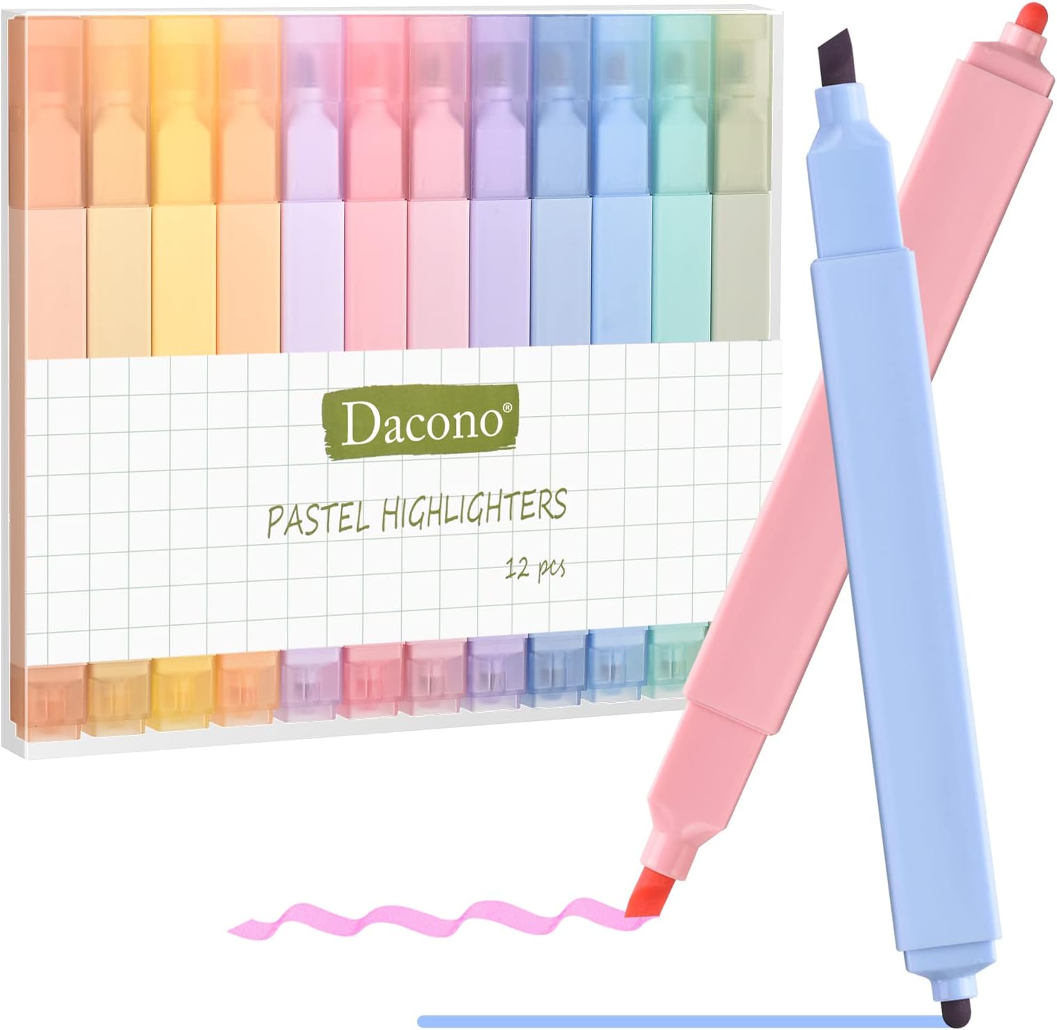 Dual Tips Highlighters, 12 Pcs Aesthetic Highlighter Assorted Colors Pastel Set, No Bleed Square Highlighters Marker Pens for Journal Planner Notes School Office Supplies