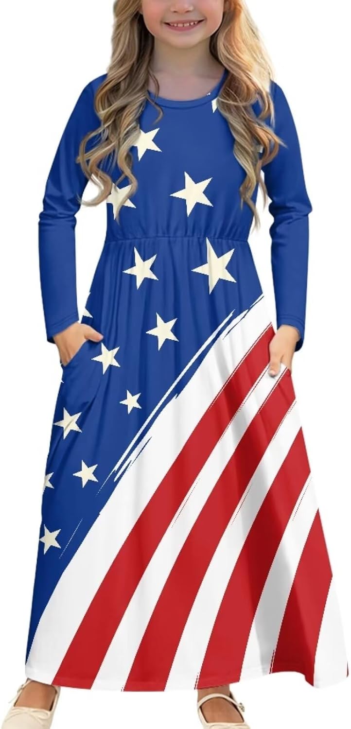 Upetstory Long Sleeve Maxi Dress for Girls Holiday Dresses with Pocket 5-14 Year