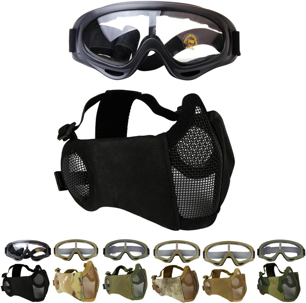 Adjustable Mesh Half Face Mask with Protective Goggles for Outdoor and Airsoft Activities
