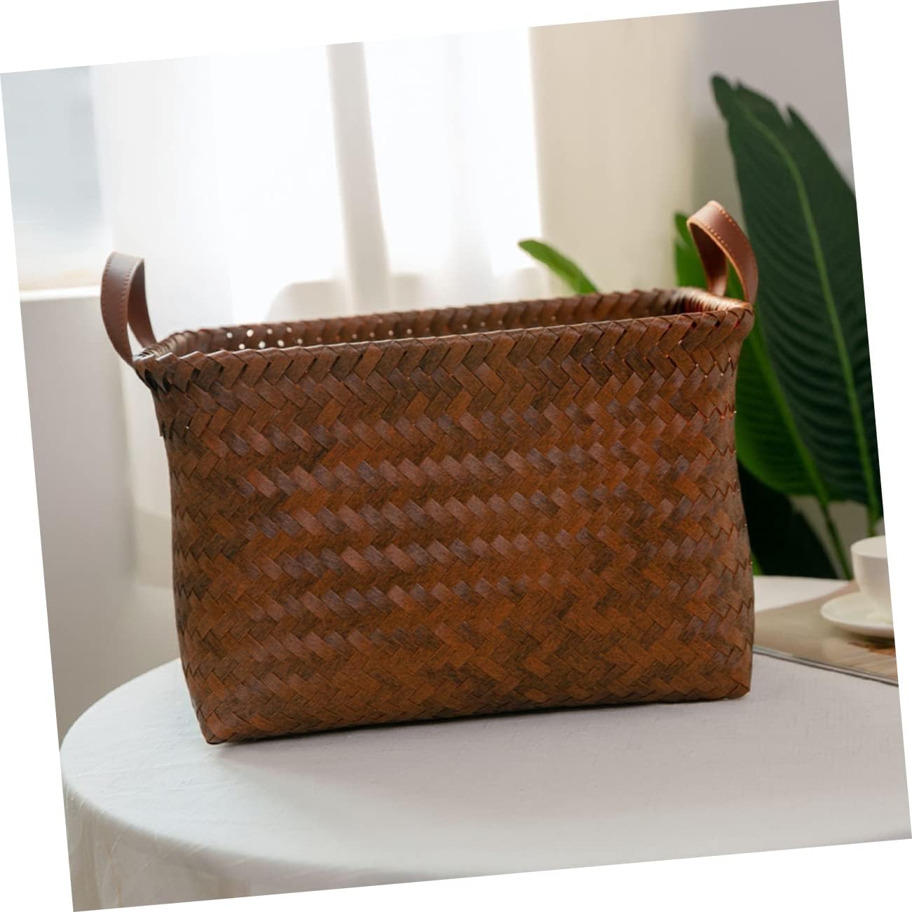 Pastoral Style Woven Storage Basket Medium Multi Purpose Home Organizer for Laundry Snacks with Comfortable Handles Capacity Bedroom Tabletop Storage Bin