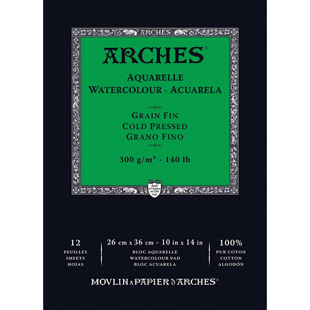 Arches - Papel de acuarela, bloc 12 hojas engomado 1 lado, grano fino, 300 g/m², 26 x 36 cm