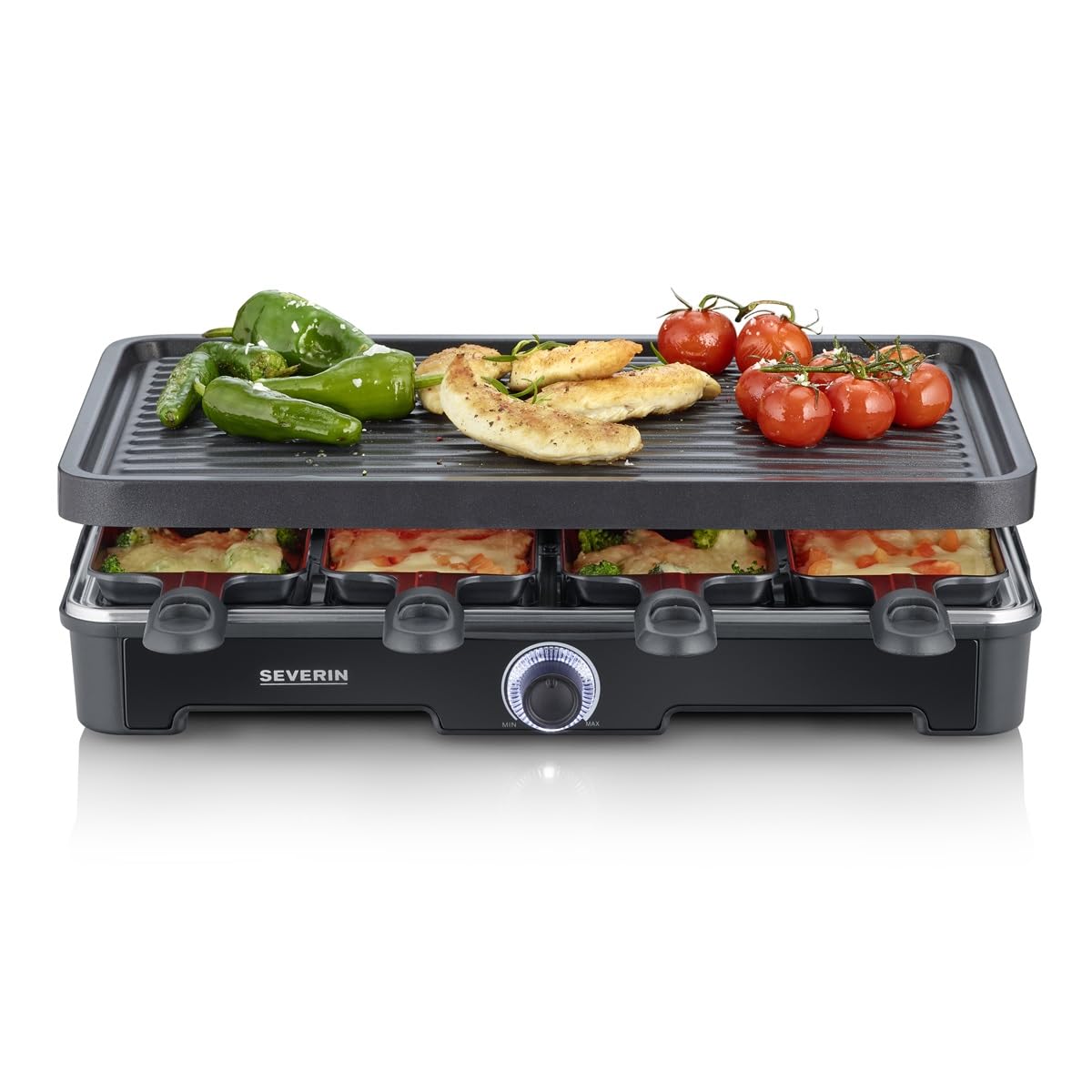 SEVERIN Raclette Grill, 1400W, 8 Padelline Antiaderenti, 8 Spatole, Piastra in Ceramica (41,5x26 cm), Temperatura Regolabile, Cavo Lungo 195cm, 42,0 x 28,0 x 12,0 cm, Nero - RG 9670