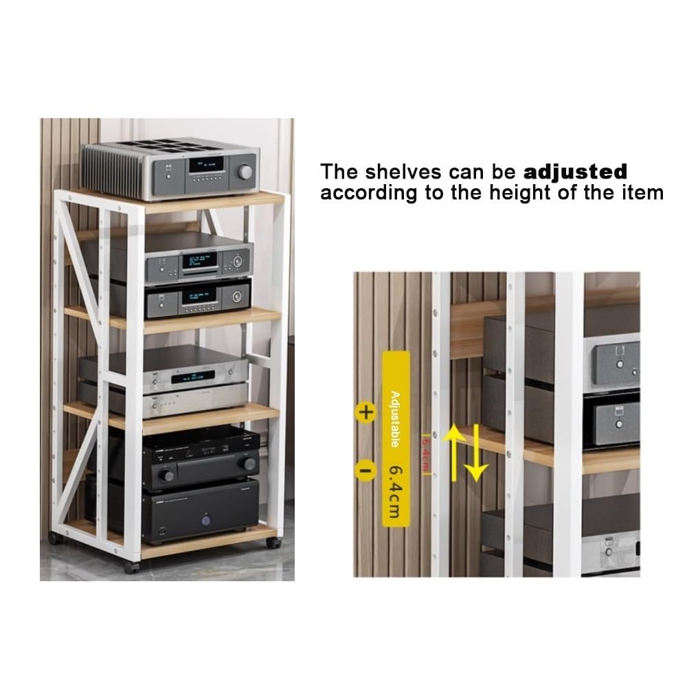 Supporto multimediale AV, Rack Audio Mobile, Rack Stereo a 3, 4 e 5 Livelli con Ruote, mobiletto portaoggetti con Altezza Regolabile, mobiletto Porta componenti Aperto HiFi (Nero, 5 Livelli)