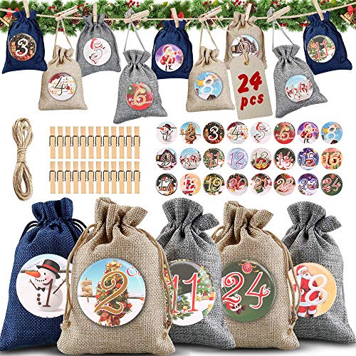 HUHUDAY 24 Adventskalender zum Befüllen, Adventskalender Selber Befüllen, Jutesäckchen Adventskalender 2020 für Männer Frauen Kinder, Weihnachten Geschenktüten Mit 24 Zahlenbuttons+24 Zahlen Button