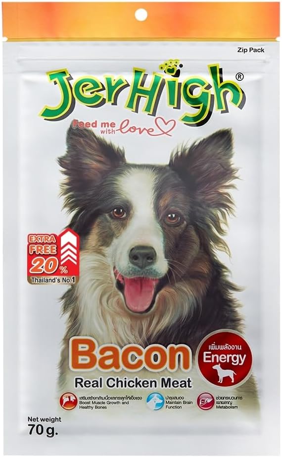JerHigh Human Grade High Protein Chicken, Fully Digestible Healthy Snack & Training Treat, Free from by-Products & Gluten, Bacon Stick for All Life Stages Dog Sold by Dog N Cats (10 X 70g)