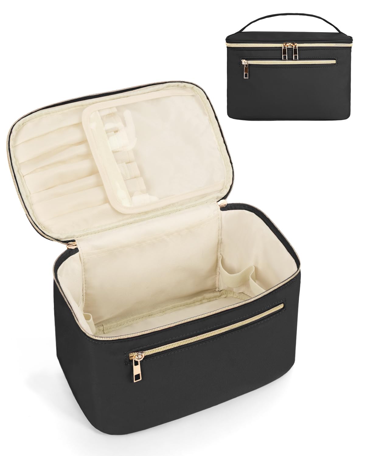 Wandering Nature Large Makeup Bag, Travel Make Up Organizer Cosmetic Brush Bags Case for Women in Fabric,Black,Patent Pending