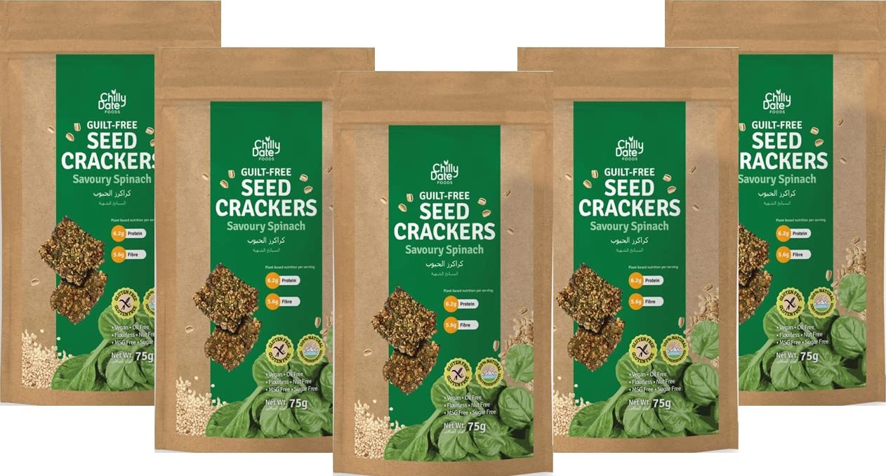 Savoury Spinach Crackers - BUNDLE PACK (BUY 4 GET 1 FREE) - CHILLY DATE - Gluten free - Vegan - MSG Free - Preservative free - Artificial Sugar Free - Seed Crackers – 75 gms*5packs