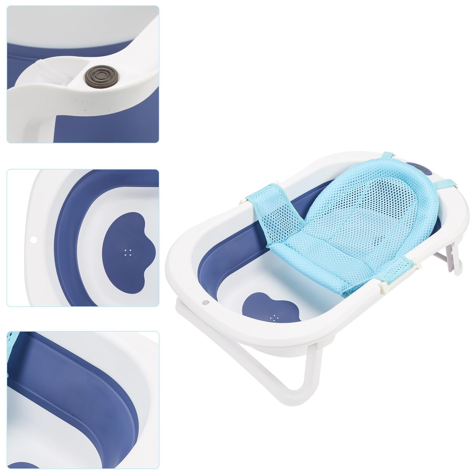 Navicella pieghevole blu 50L con inserto da bagno, termometro per acqua, tappo che cambia colore, fondo antiscivolo, vasca da bagno pieghevole per neonati da 0 a 6 anni