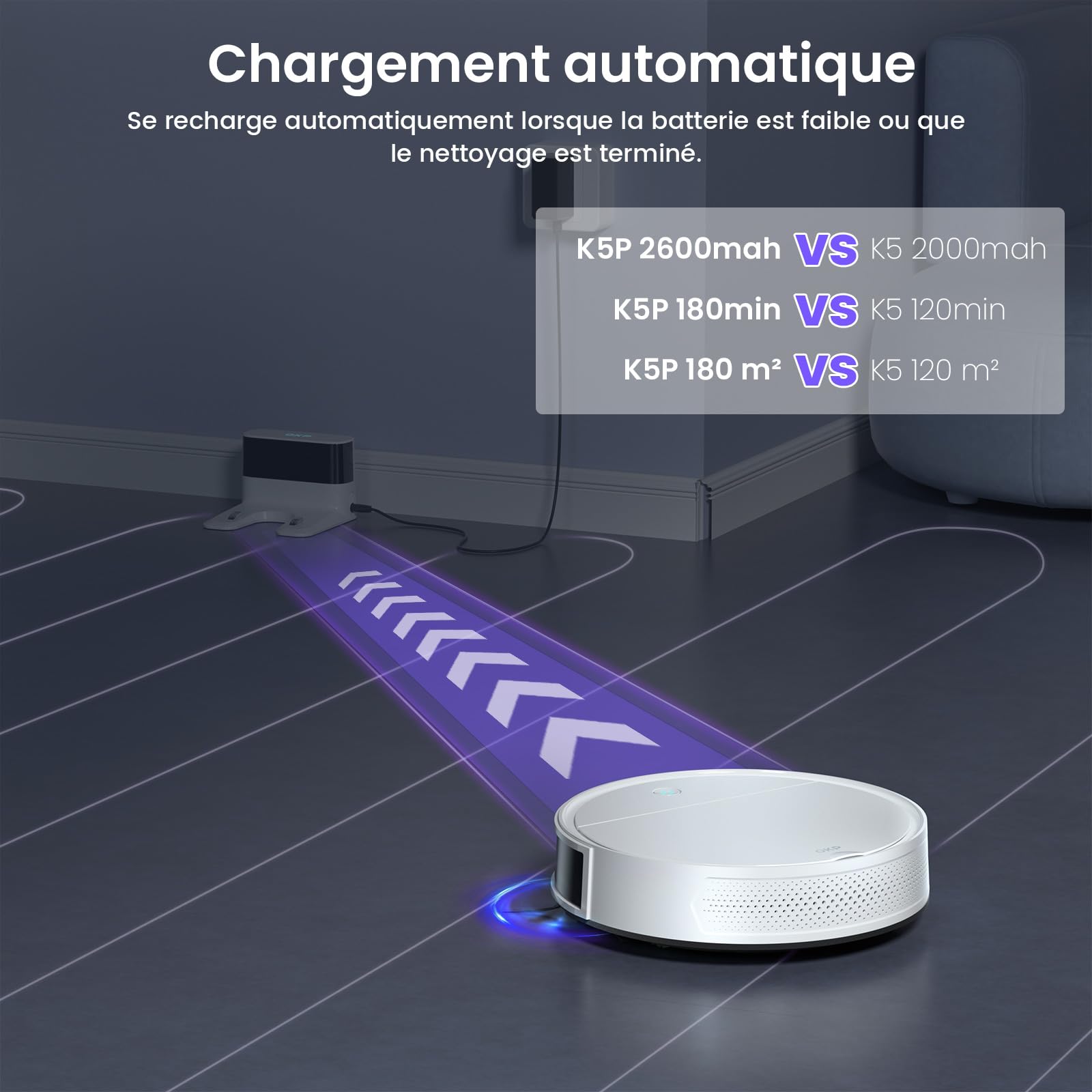 OKP K5 Pro Aspirateur Robot, 5000 Pa,180 Minutes,Ultra-Mince 7,7 cm, Évitement d'obstacles PSD, Silencieux, Adapté aux sols durs et Efficace Contre Les Poils d'animaux, Wi-FI/App/Alexa, Blanc