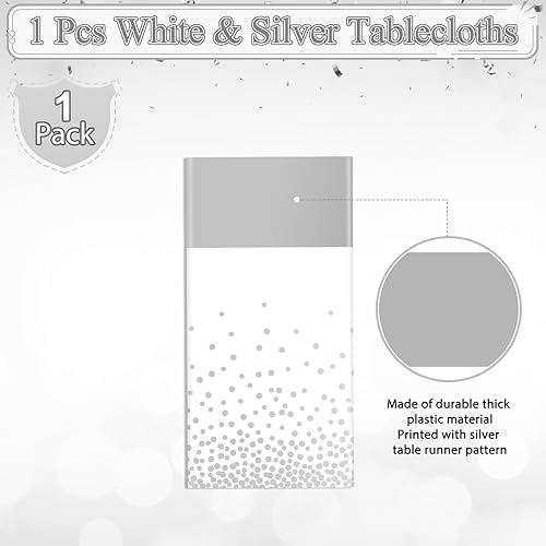 Miniatura 2 de MASHAN 1Pcs White Silver Tablecloth Party Decorations,Plastic White Table Cloth Printed Silver Runner Disposable Rectangle Table Cover for Birthday