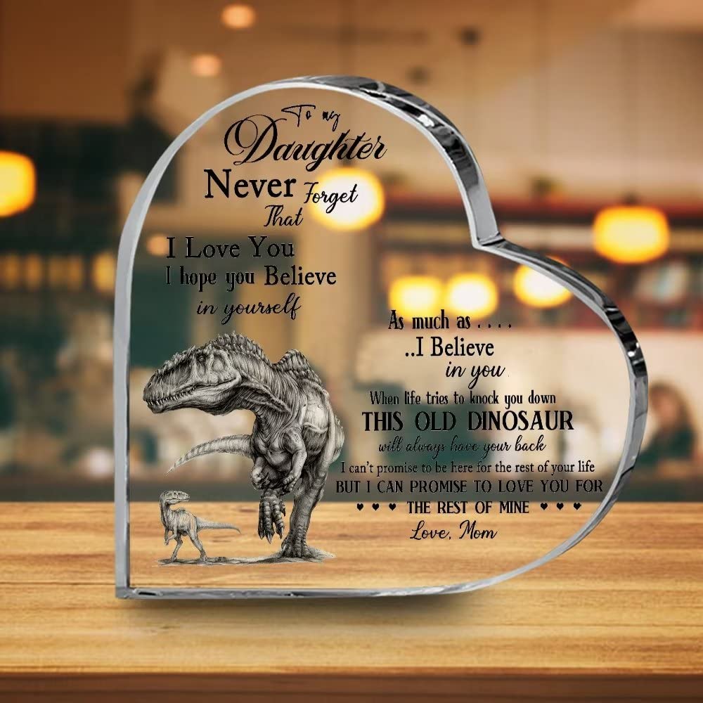 MAJO Just a Girl who Love Dinosaur Acrylic Desktop Ornament Heart Shaped Acrylic Plaque, Never Foget I Love You Acrylic Keepsake Inspirational Christmas Gift for Daughter From Mom (4.9"/12.5cm)