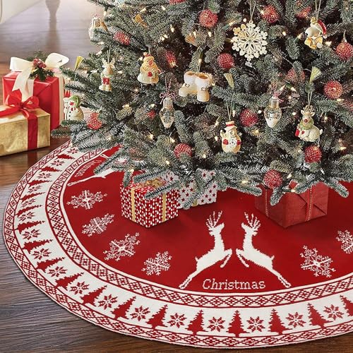 AODOO Christmas Tree Skirt 48 Inches, Knit Tree Skirt with Snowflake & Reindeer, Red and White Double-Sided Rustic Xmas Tree Skirt Christmas Decorations for Party Indoor Christmas Tree Decoration