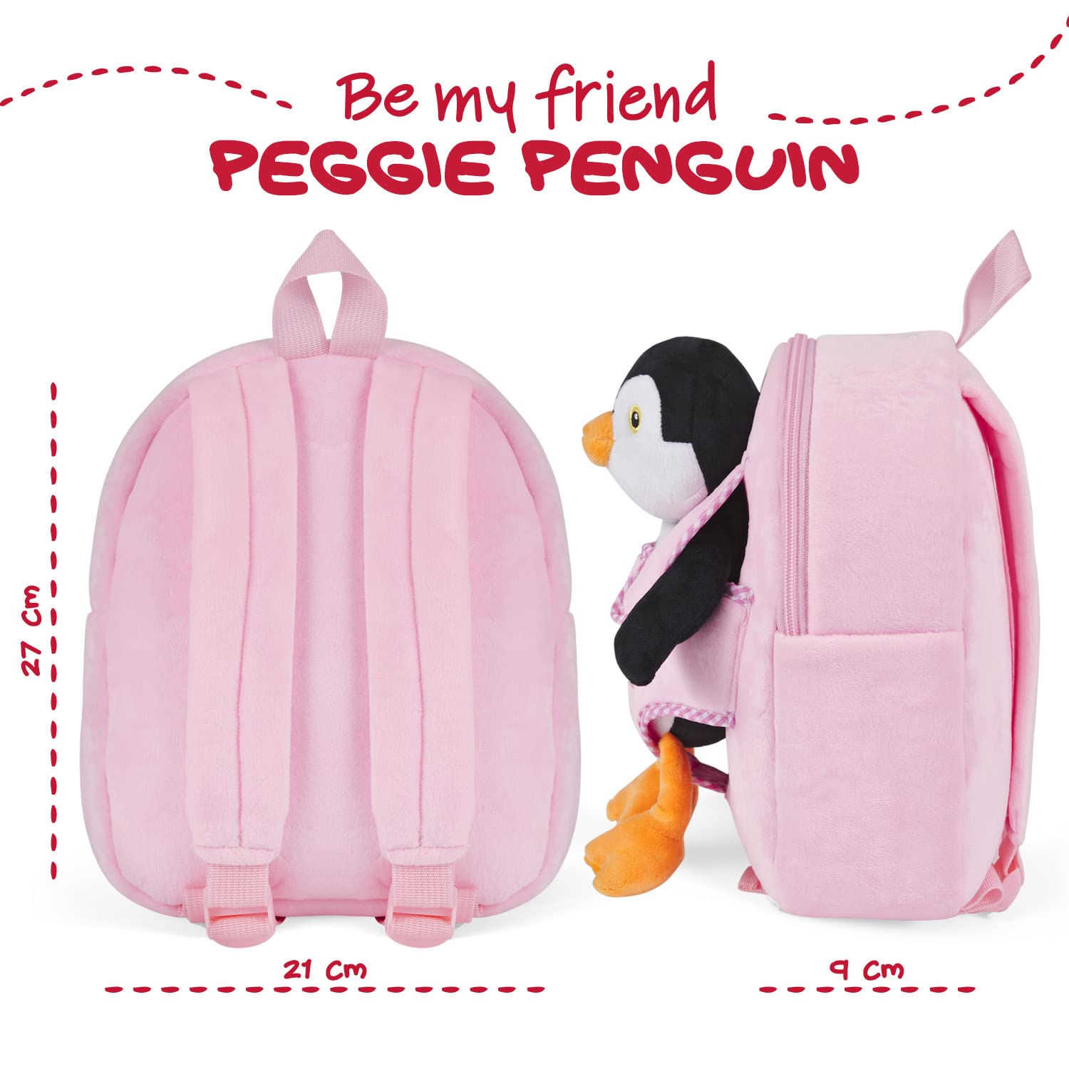 PERLETTI - Mochila Infantil Grande de Animal de Peluche - Bolso para Niños Niñas 3 4 5 Años con Muñeco Extraíble para Escuela Guarderia Viaje - Bolsa Escolar Suave - 21x27x9 cm