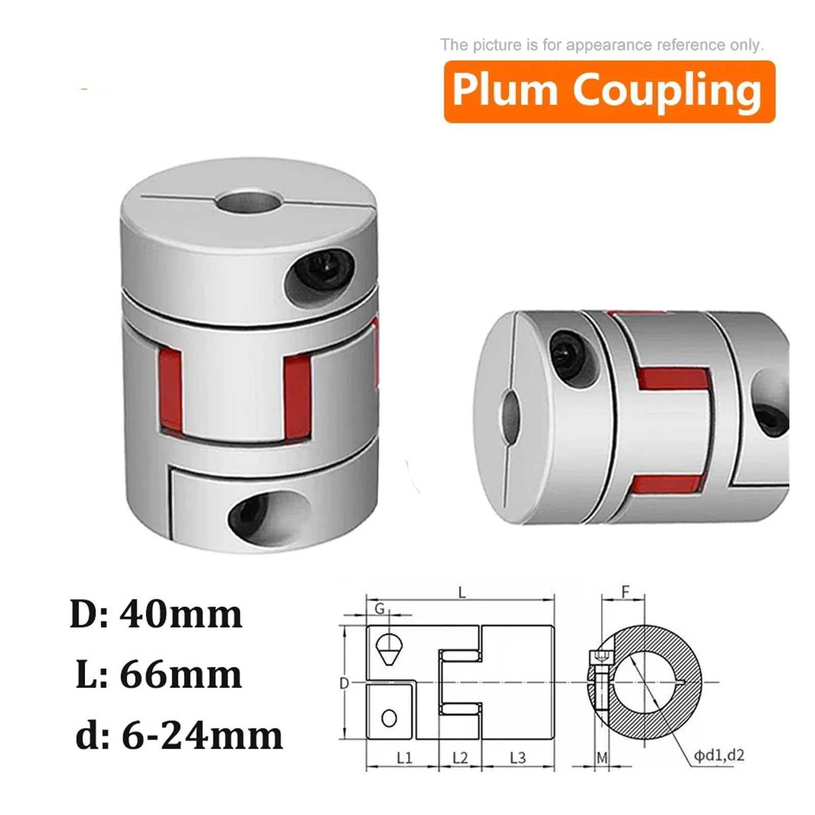 Pflaumenwellenkupplung 1 Stück Spinnenpaar D40L66 Flexible Pflaumenklemme Motorkoppler Wellengröße CNC Backenwellenkupplung 6mm-22mm(10x10mm)