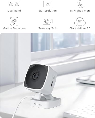 Miniatura 2 de blurams Cámaras para seguridad del hogar 5GHz, cámara interior 2K, cámara para mascotas con aplicación de teléfono, detección de movimiento AI,