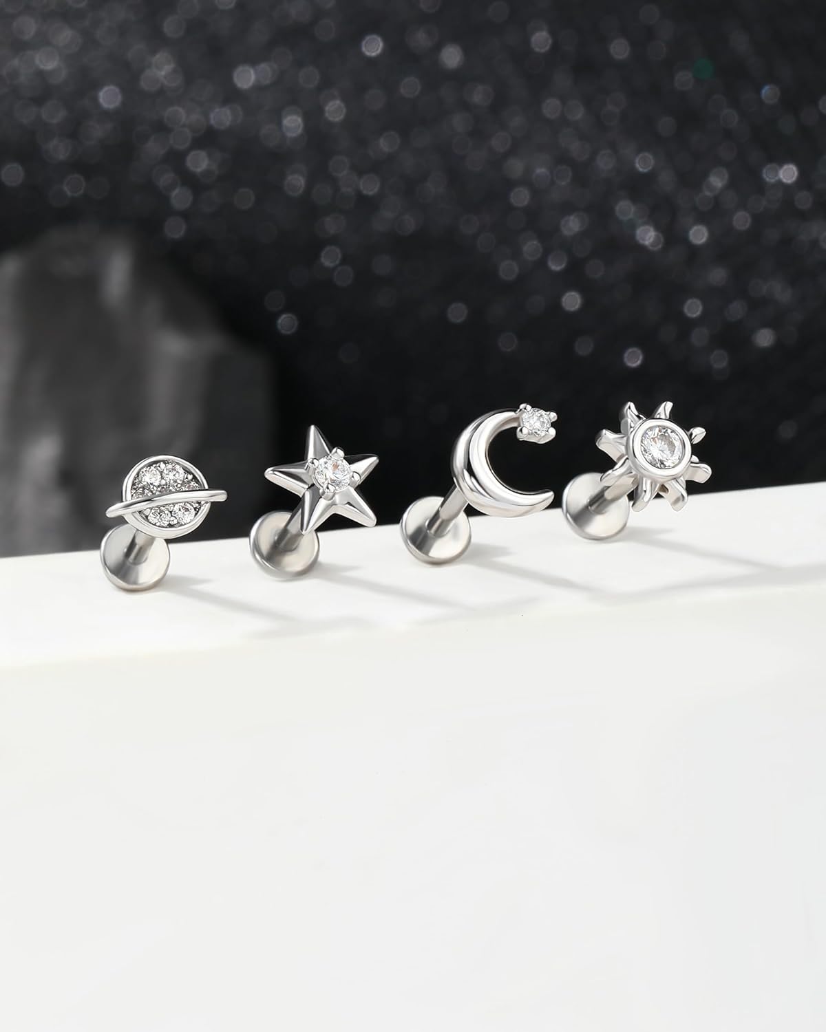 Jewseen 316L Surgical Steel Flat Back Earrings 4PCS 16g Internally Threaded Cartilage Stud Nose Lip Piercing Jewelry Tragus Helix Earrings for Women Men - Image 5