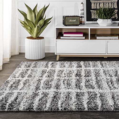 JONATHAN Y Merida Stacked Grid Shag Grey/Ivory 3 ft. x 5 ft. Area Rug, Bohemian, Easy Cleaning, For Bedroom, Kitchen, Living Room, Non Shedding