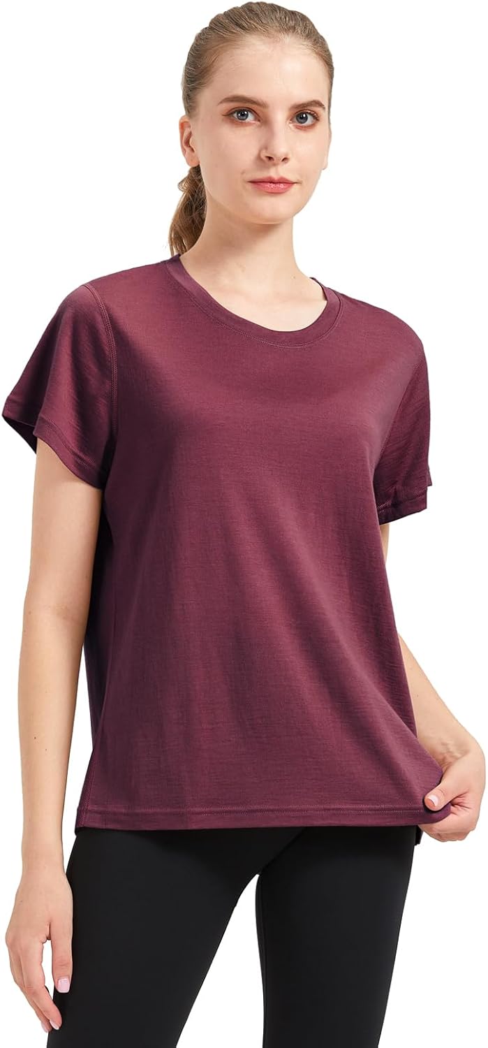 SHEEP RUN Womens Relaxed Fit Lightweight Merino Wool T Shirt Breathable Loose Fit Base Layer