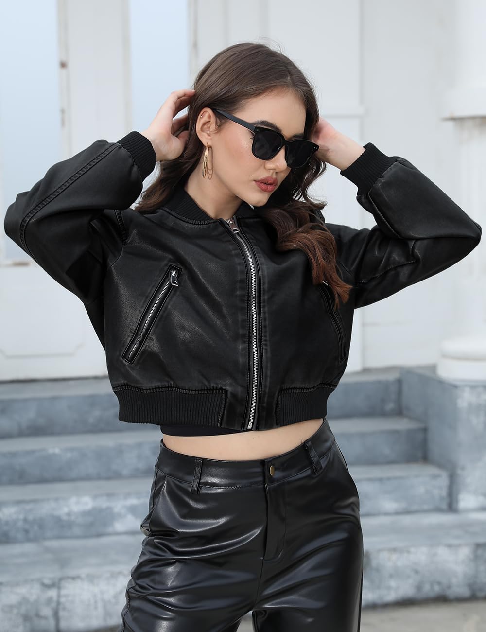 Bellivera Women's Cropped Faux Leather Jacket Bomber Casual Zip Up Coat PU Moto Bike Outwear with Pockets - Image 5