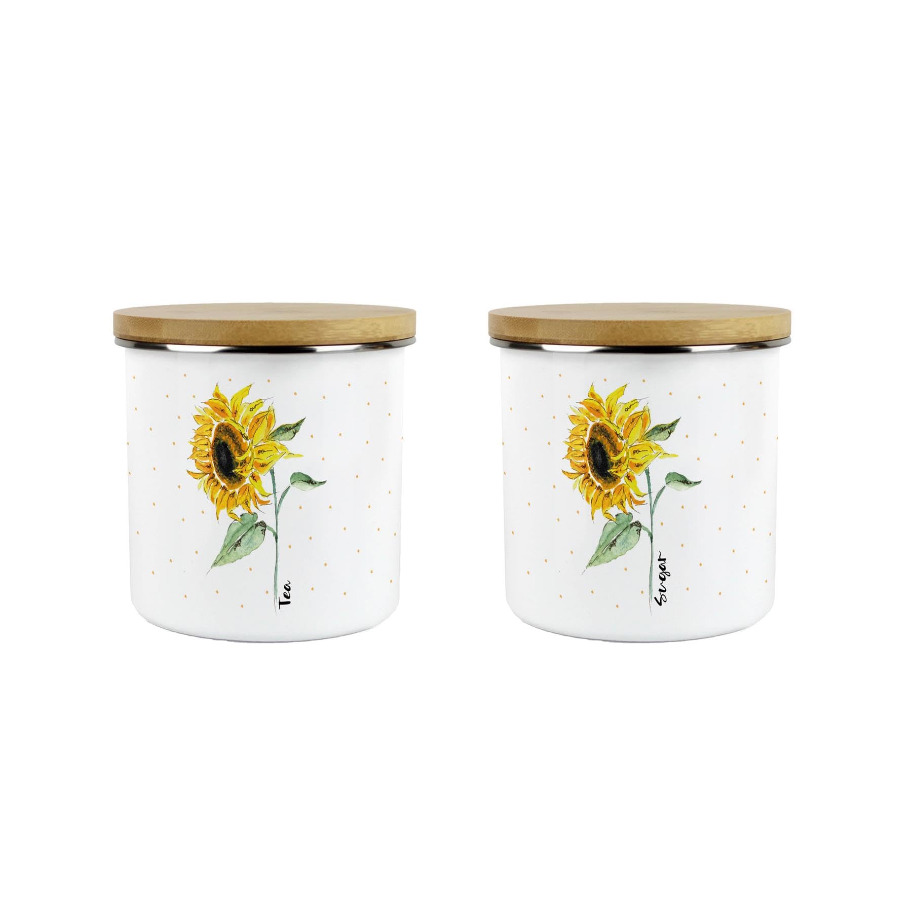 Sunflowers & Spots Tea & Sugar Storage Canisters Set - Floral Kitchen Housewarming Gifts by Rhiannon Chauncey - White Metal Enamel Medium Sized Kitchen Food/Drinks Storage Containers Pack of 2