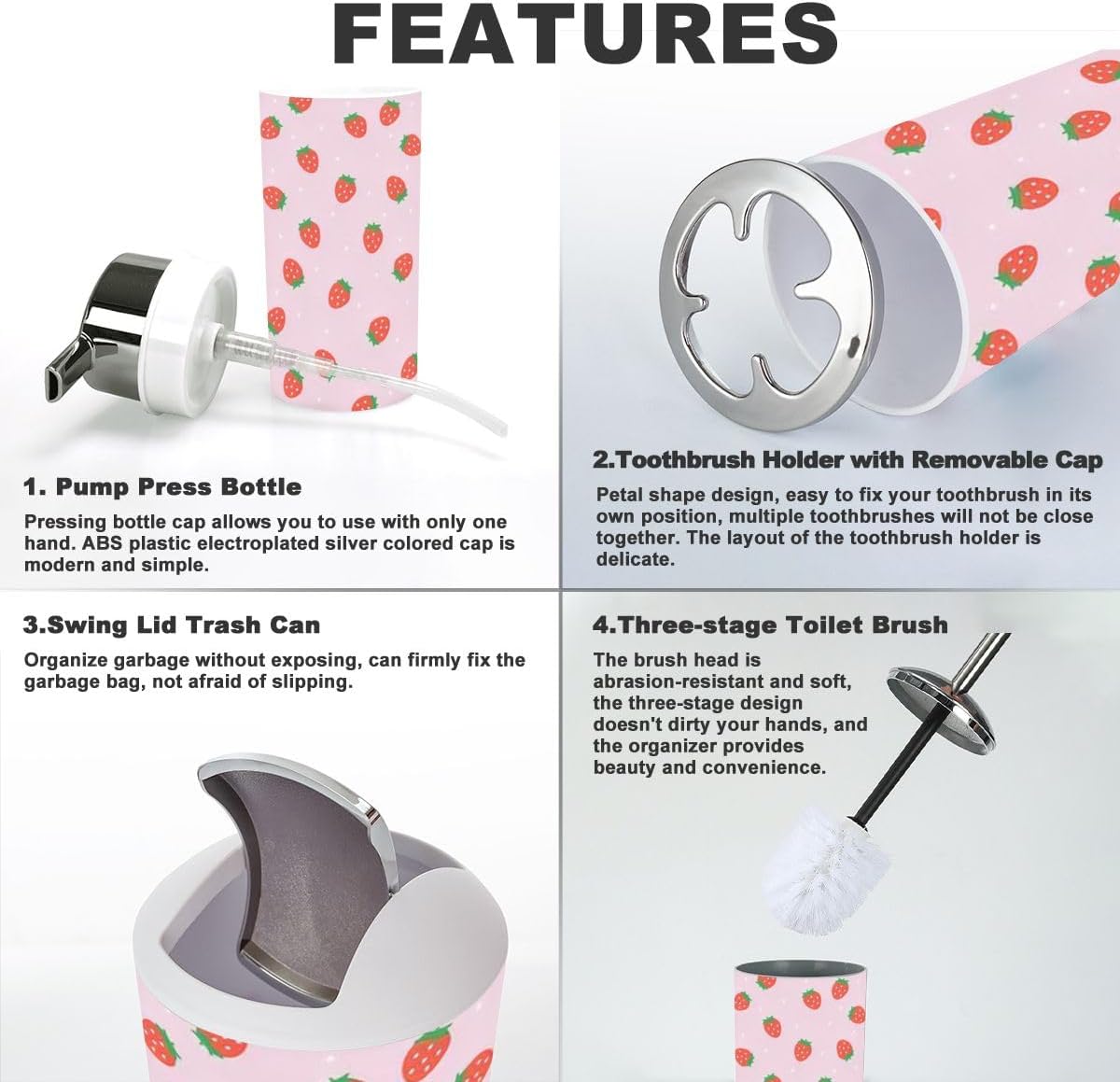 Strawberry Polka Red Seamless Bathroom Accessory Set - 6 Piece - Toothbrush Holder, Cup, Soap Dispenser, Dish, Toilet Brush Holder, Trash Can