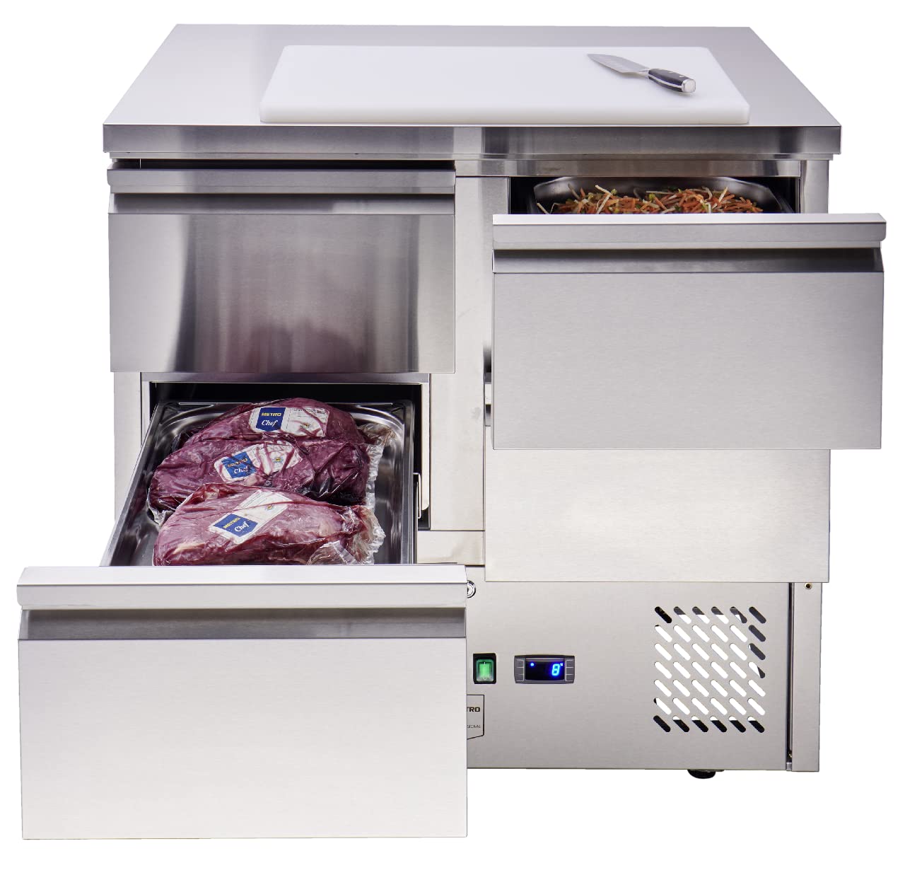 METRO Professional Banco Refrigerato GDS3600, in acciaio inox, 97 L, tavolo da lavoro, raffreddamento a ventola, con serratura, 220 W, 4 cassetti, argento