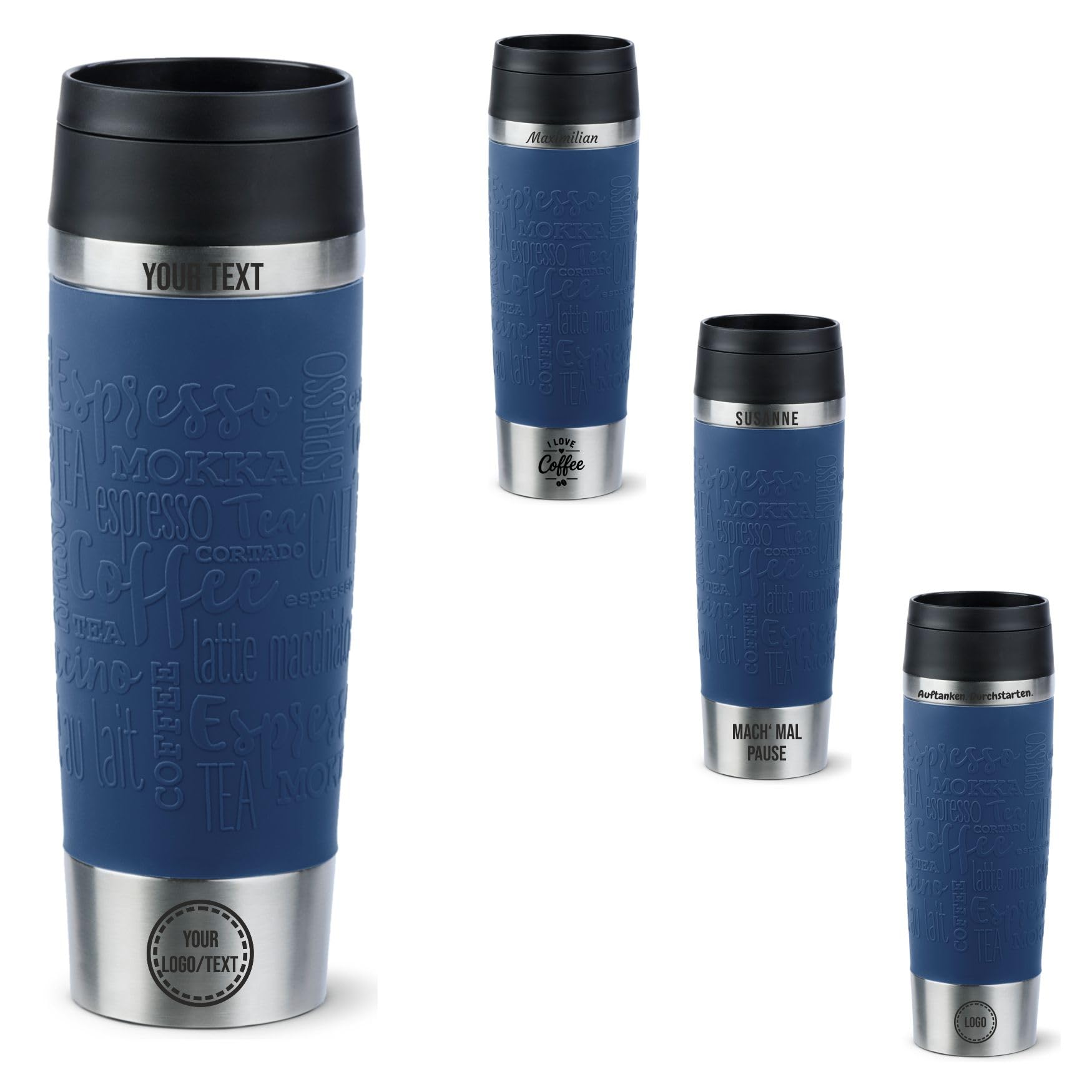 Emsa Travel Mug mit Gravur 500ml – Personalisierter Thermobecher mit Namen oder Logo, Isolierbecher für Kaffee & Tee to Go, Edelstahl, Quick Press Verschluss, 100% auslaufsicher (Dunkelblau)
