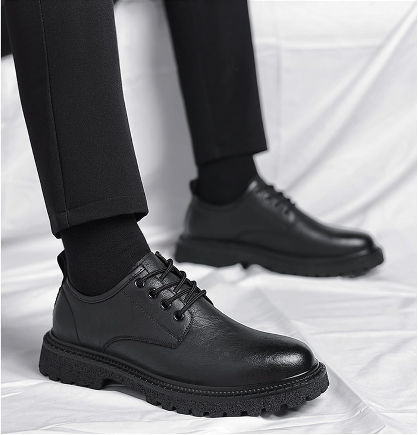 Men's Vintage Leather Lace Up Platform Oxfords Shoes Round Toe Low-Top Non-Slip Soft Business Formal Dress Shoes - Image 5