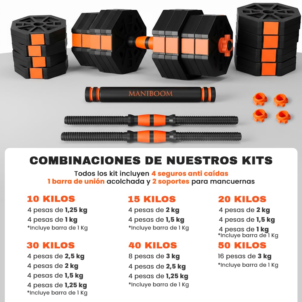ManiBoom Pesas y Mancuernas Ajustables - Kit de Pesas Ajustables con Barra y Cierre de Seguridad - Equipo de Entrenamiento Progresivo para Toda la Familia