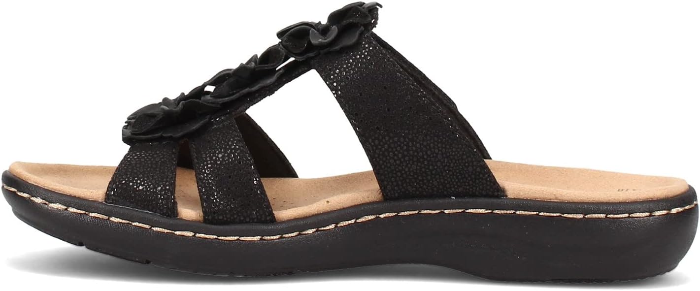 Clarks Women's Laurieann Judi Flat Sandal, Black Synthetic/Leather Combination, 9