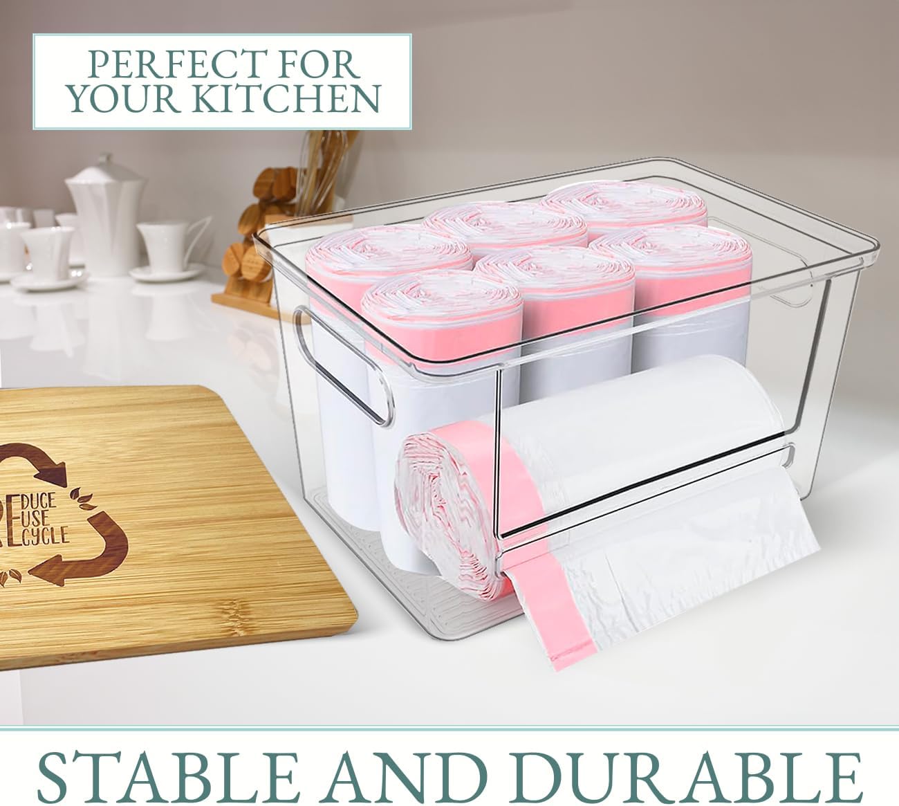 Extra Large Bag Dispenser, Trash Bag Dispenser in Plastic Material and Bamboo Lid, Kitchen Organizer, Bags Roll Included, Beautiful and Decorative.