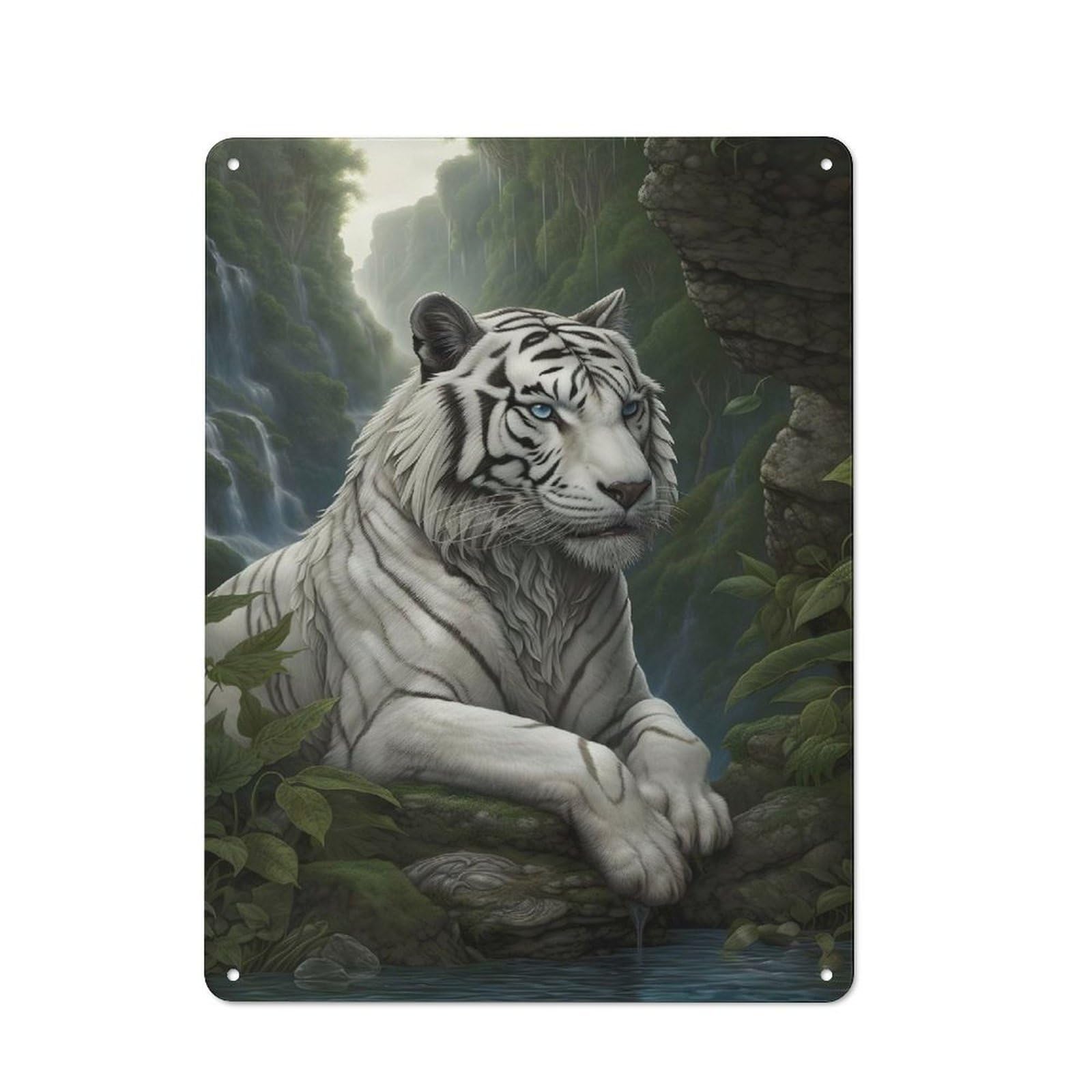 Junmoney Majestic White Tiger Tin Wall Plaque With Design 40X30cm, Country Vintage Cottage Wall Art For Kitchen, Cottage, Porch Or Garden Room