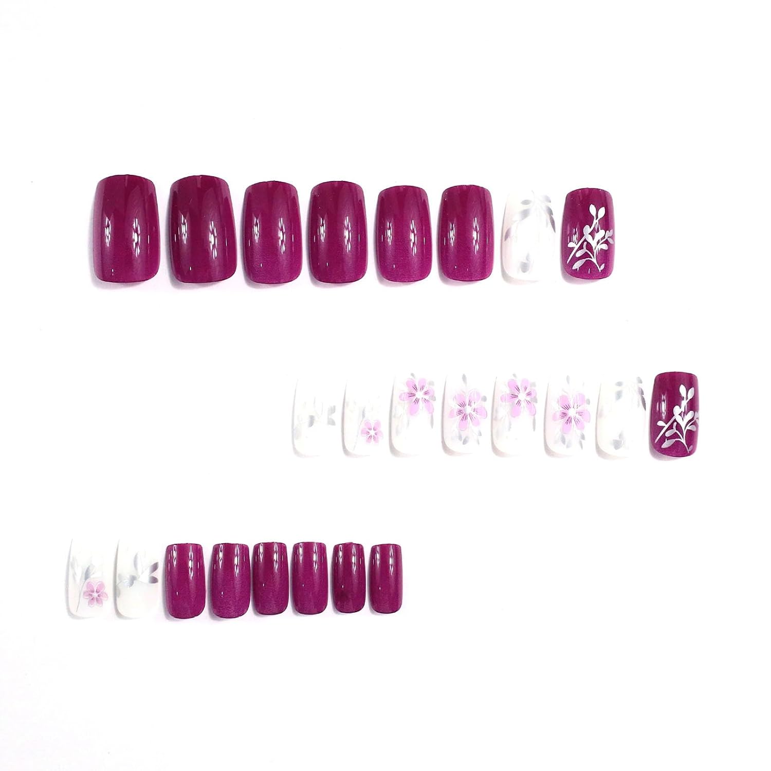Square Press on Nails Medium Fake Nails with Silver Leaves Pink Flower Designs Glossy Nails Press ons White Purple Glue on Nails Acrylic Artificial Stick on Nails for Women 24Pcs