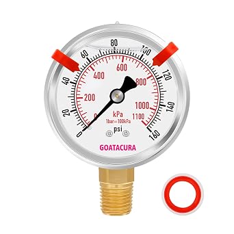 0-160psi Glycerin Filled Pressure Gauge, 2-1/2" Dial Size, Stainless Steel Case, with Red Range Mark, 1/4" NPT Lower Mount, for Measuring Air Compressor, Water System, Well Pump Pressure
