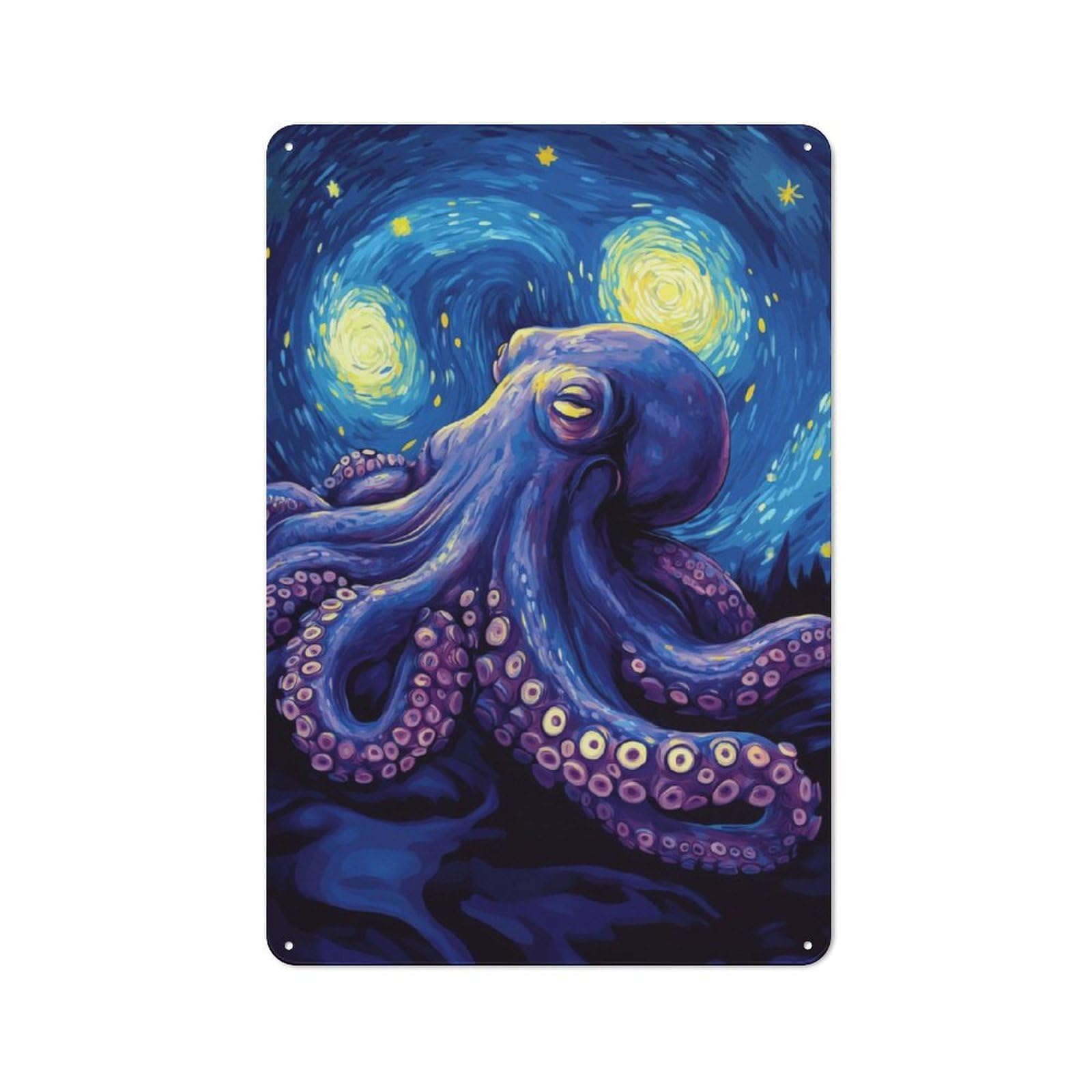 Junmoney Octopus Starry Night Metal Wall Art Sign With Design 30X20cm, Vintage Vintage Wall Decor For Living Room, Hallway, Kitchen Or Cafe
