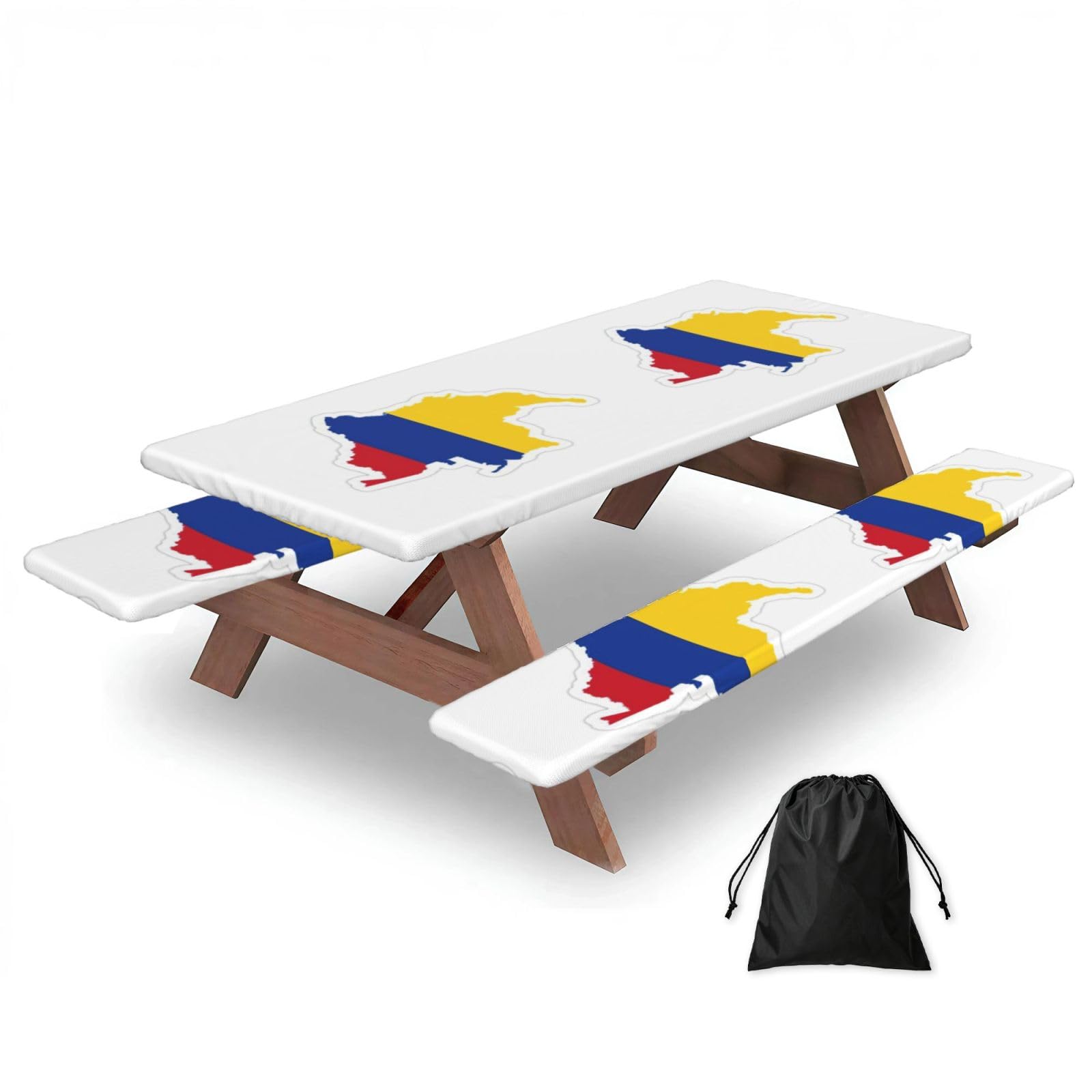 Zyjhyy Black Colombia Flag Map Print Party Table Covers With Bench Covers Set Of 3 Picnic Table Cloth Wipe Clean For Garden Camping