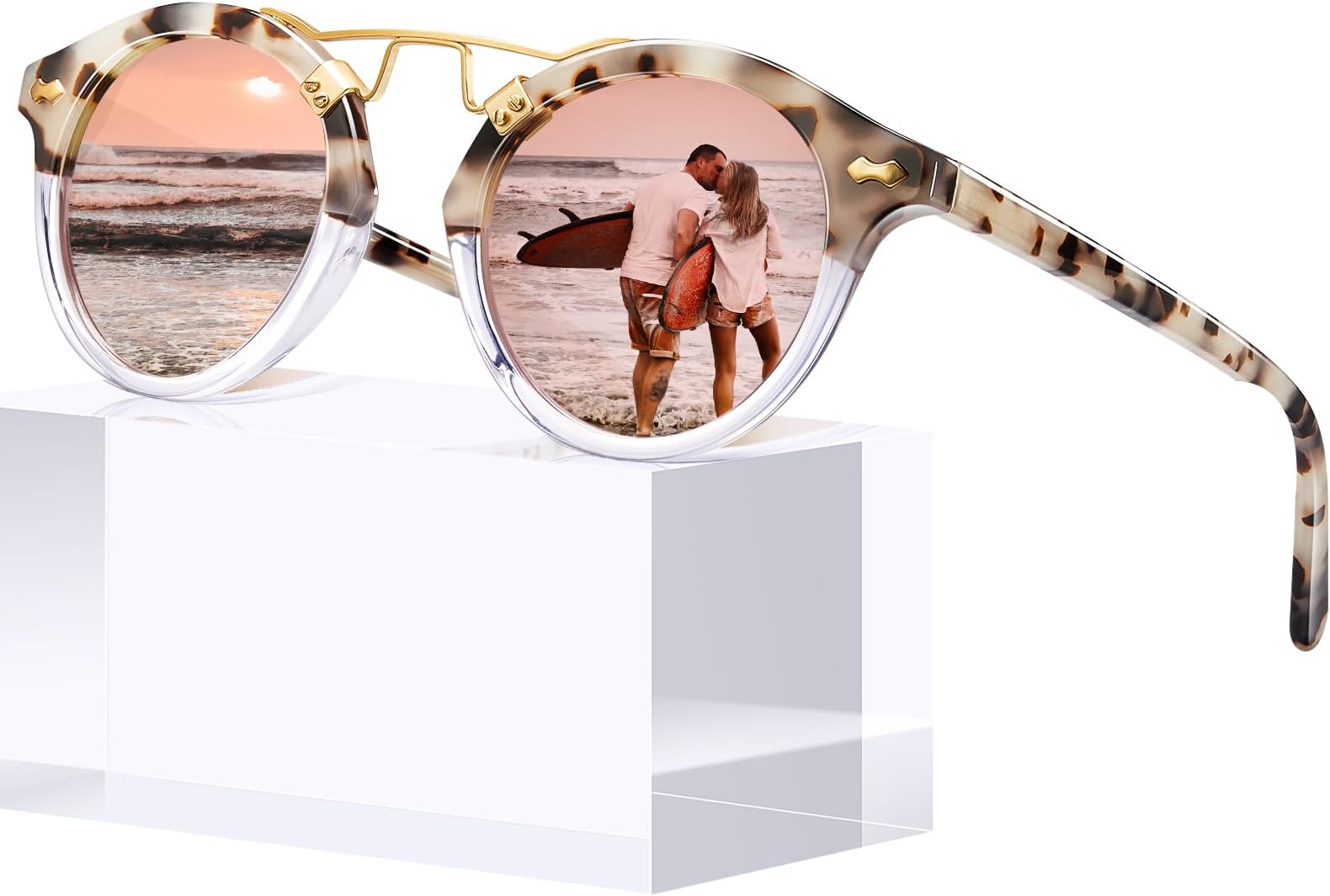 Small Face Acetate Polarized Sunglasses for Women UV Protection, Retro Double Bridge Eyewears Metal Brow Round Sunnies