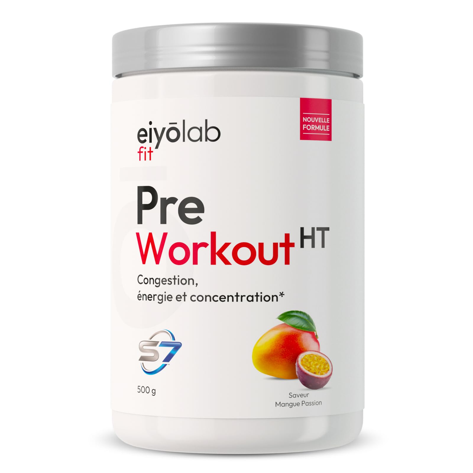 PRE WORKOUT HT | Booster Musculation sans Créatine | 3g de Bêta-Alanine + 3g d'Arginine + 4g de Citrulline + 200mg de Caféine + S7 | Énergie + Congestion Musculaire | 500g | Mangue Passion | Eiyolab